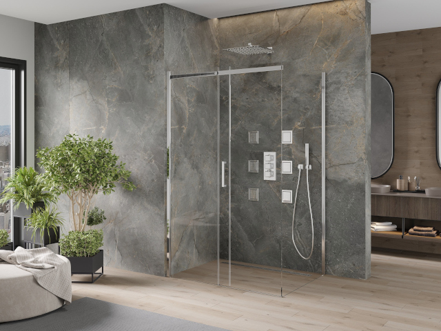 Ladrilhos de mármore escuro no banheiro