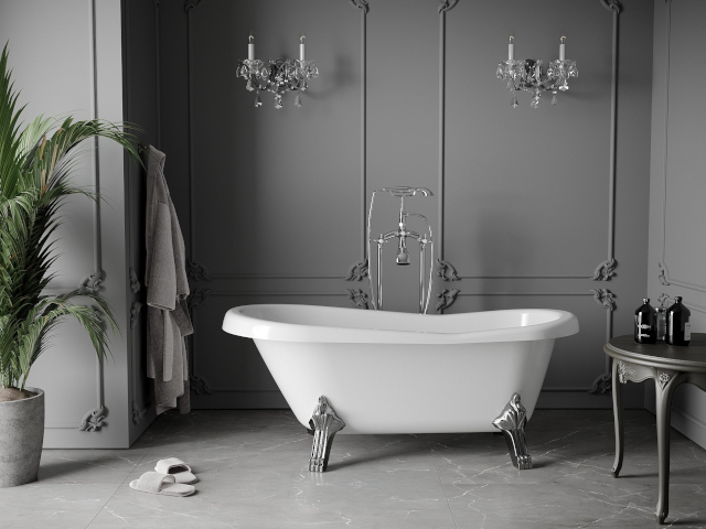 Casa de banho cinza com ladrilhos para chão