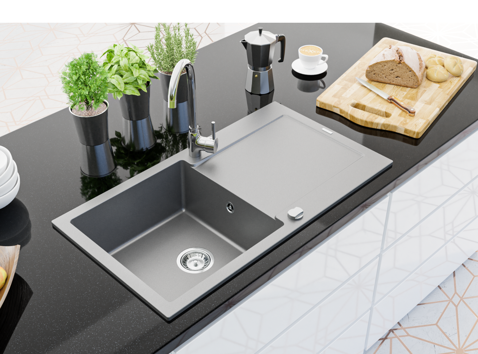 Lava-louças de granito com torneira embutidos na bancada