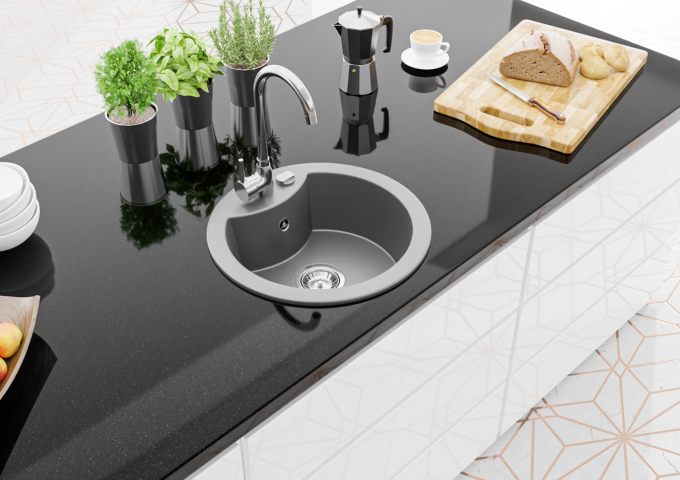 Lava-louças de granito cinza com uma cuba