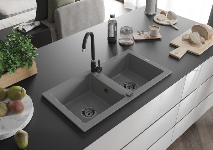 Lavatórios de granito de duas cubas cinzentos