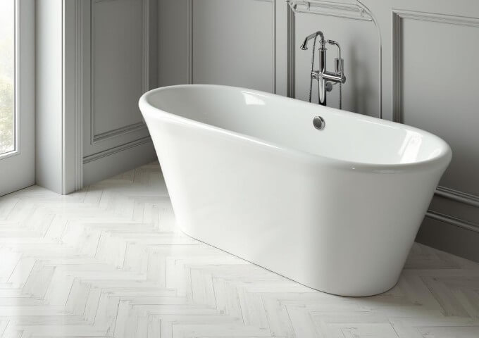 Pavimento vinílico cinza em espinha de peixe na casa de banho