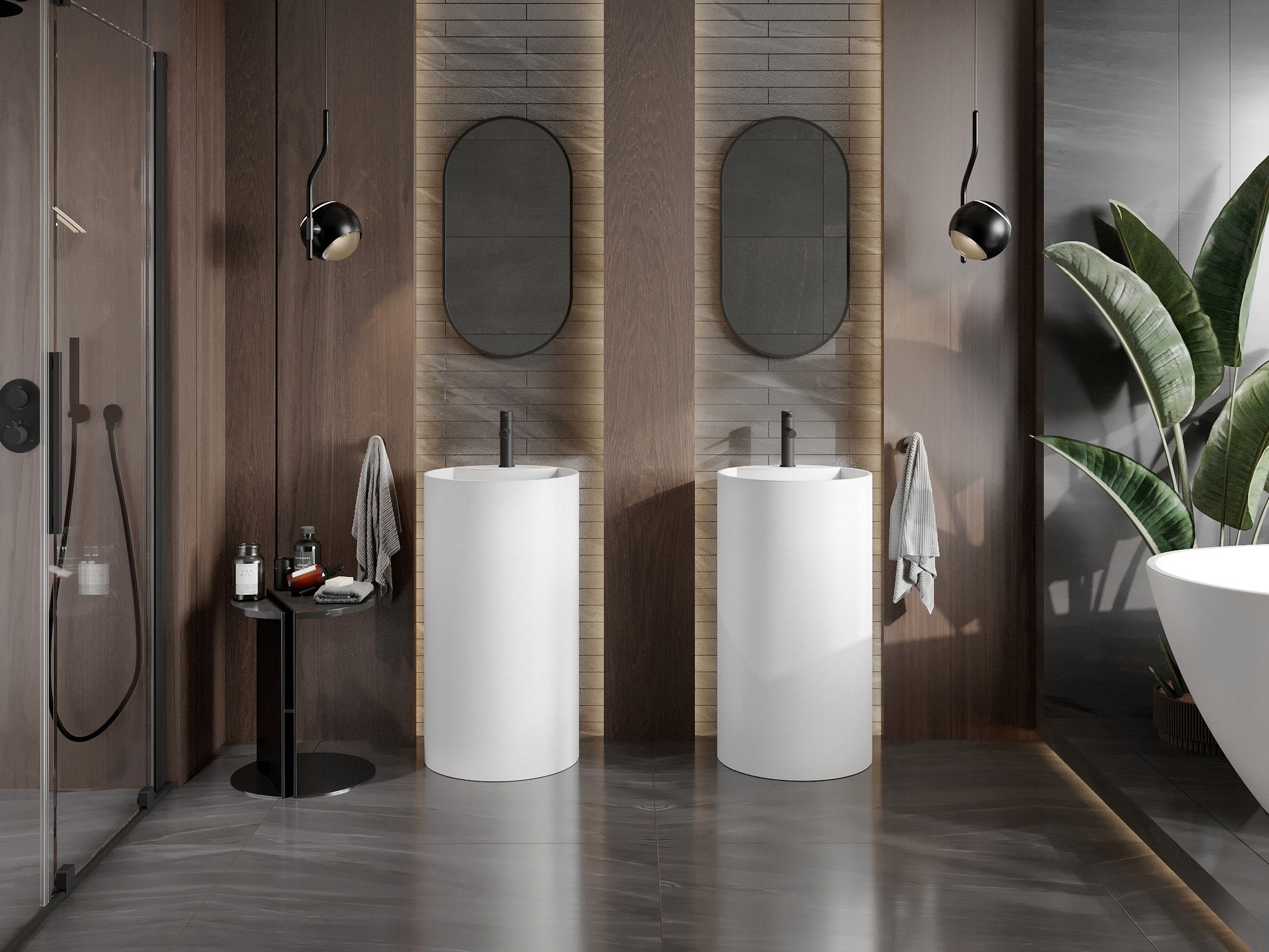 Acessórios de madeira na casa de banho em estilo boho