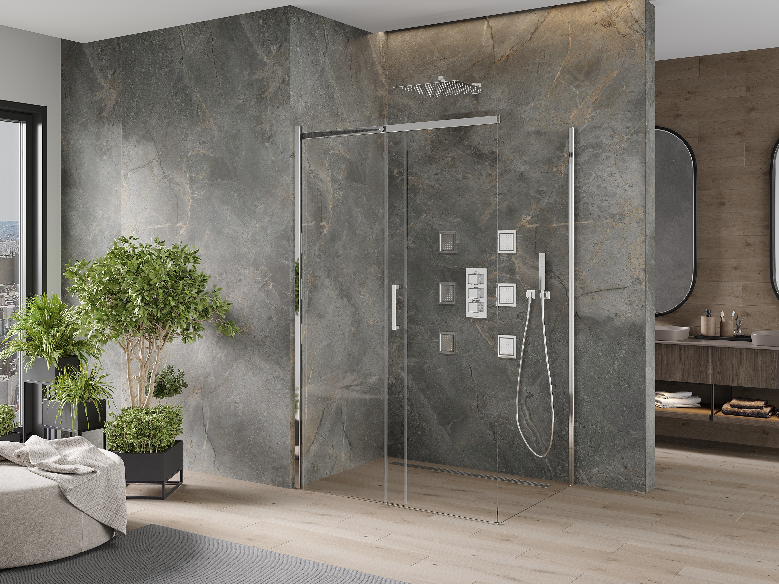 Cabine de duche minimalista em pedra