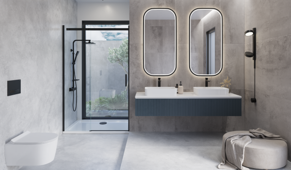 Casa de banho moderna com dois lavatórios de bancada