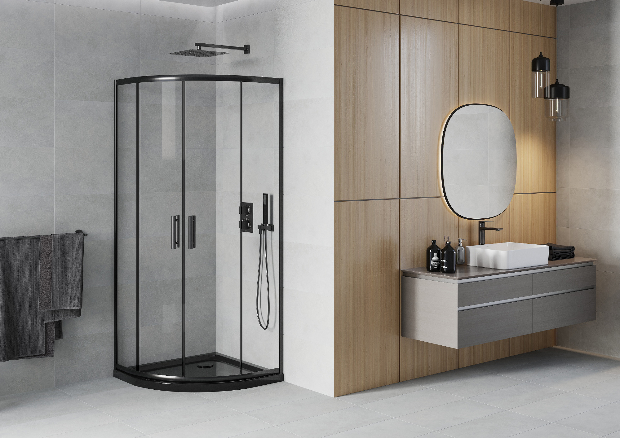 Cabine preta semicircular em estilo minimalista