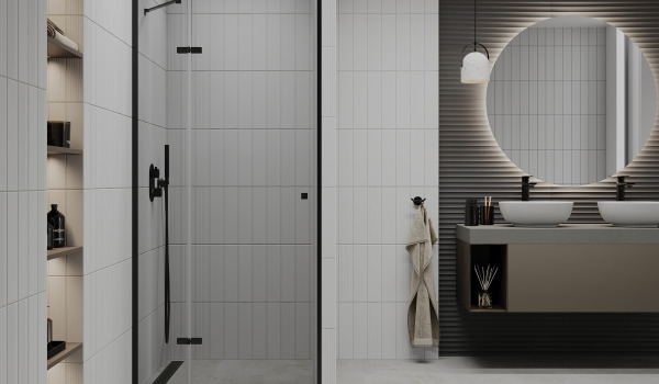 Casa de banho em tons suaves com portas de duche