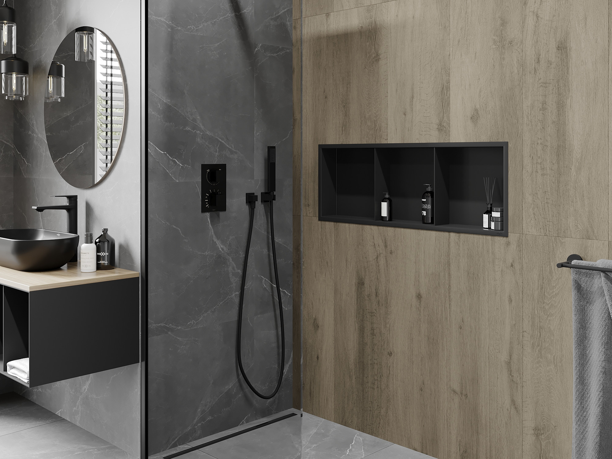 Casa de banho industrial com prateleira embutida no chuveiro