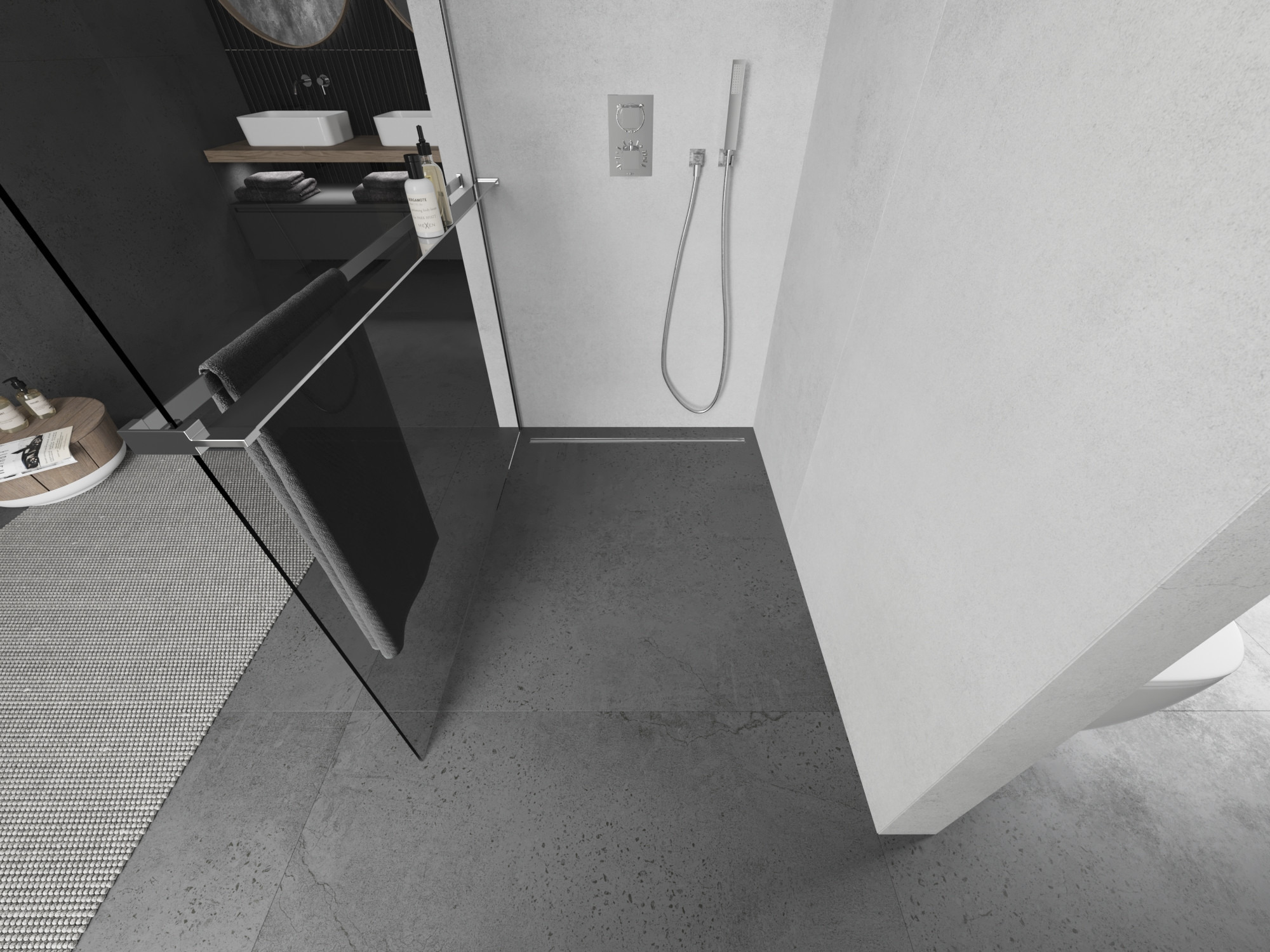 Divisória de chuveiro com prateleira em estilo moderno