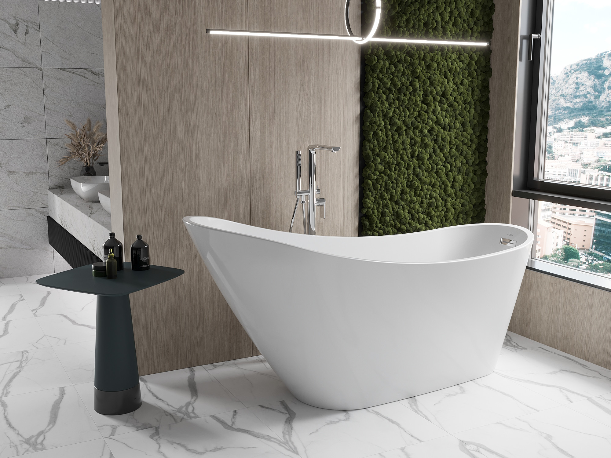 Casa de banho acolhedora em tons de Terra - parede de musgo