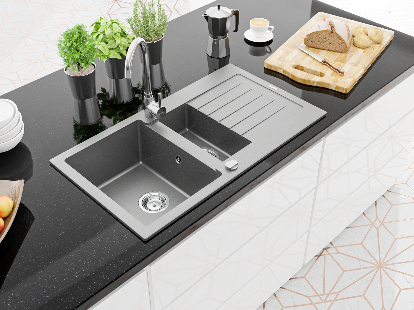 Branco, preto, cinza na cozinha moderna