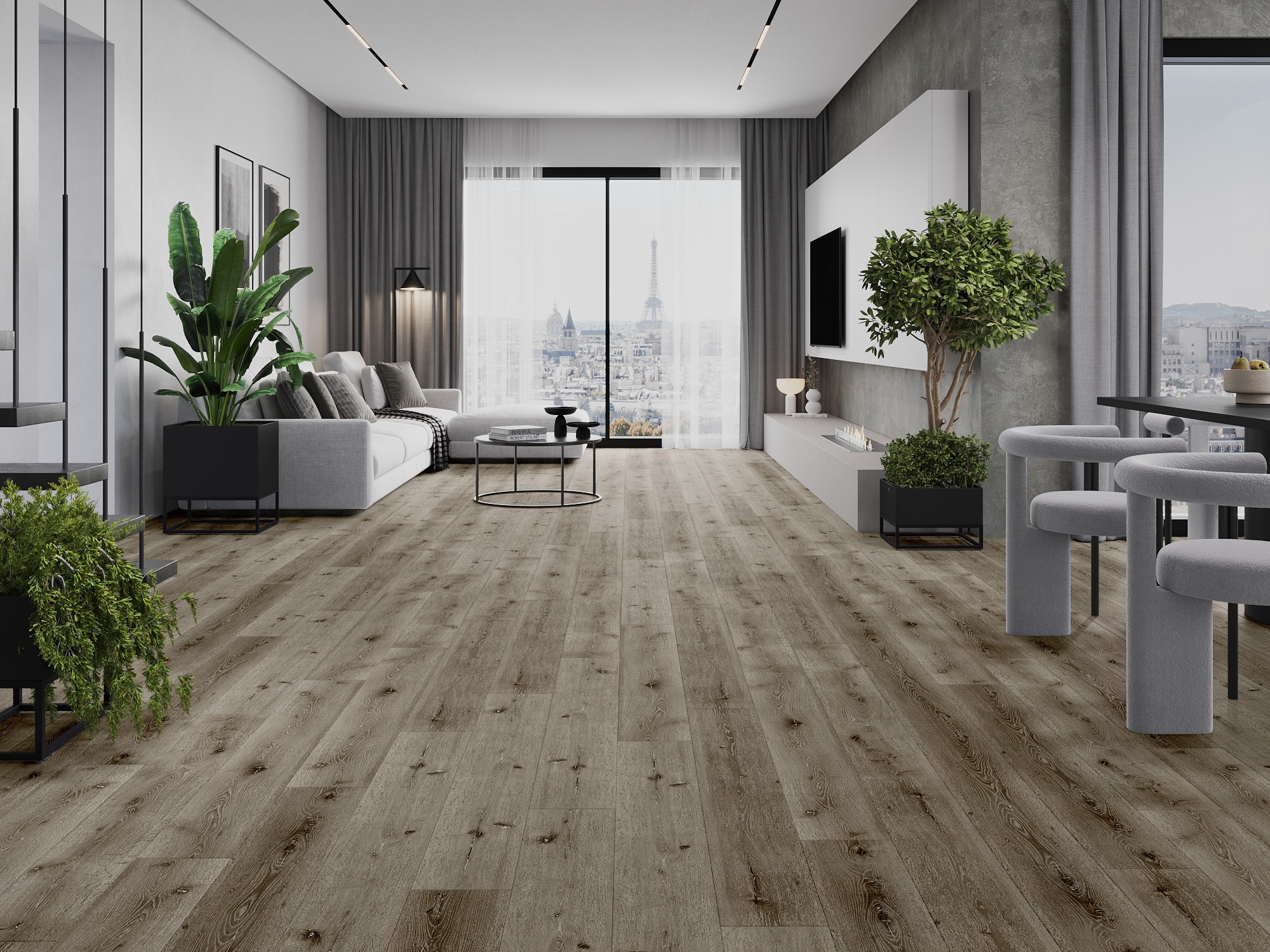 Sala moderna com chão a imitar madeira